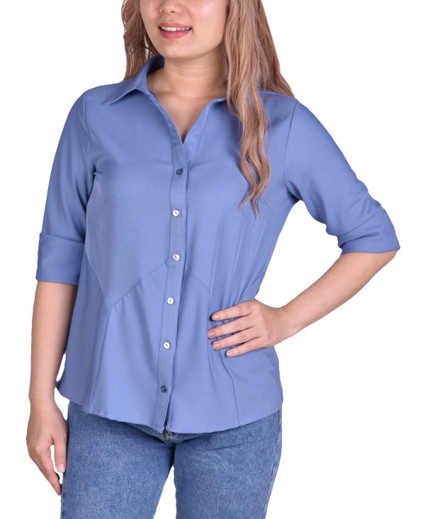 Ny Collection Petite Long Sleeve Button-Front Blouse - Colony Blue
