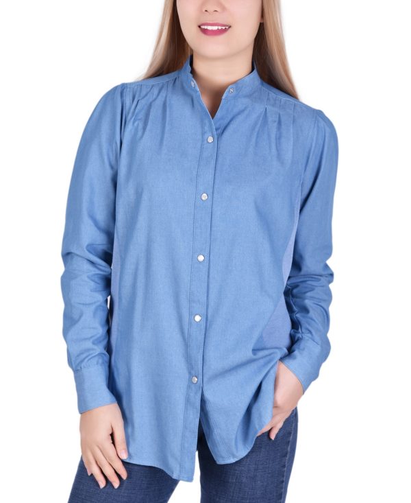 Ny Collection Petite Long Sleeve Chambray Blouse - Light Denim