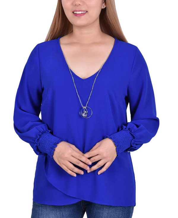 Ny Collection Petite Long Sleeve Crepe Blouse - Cobalt