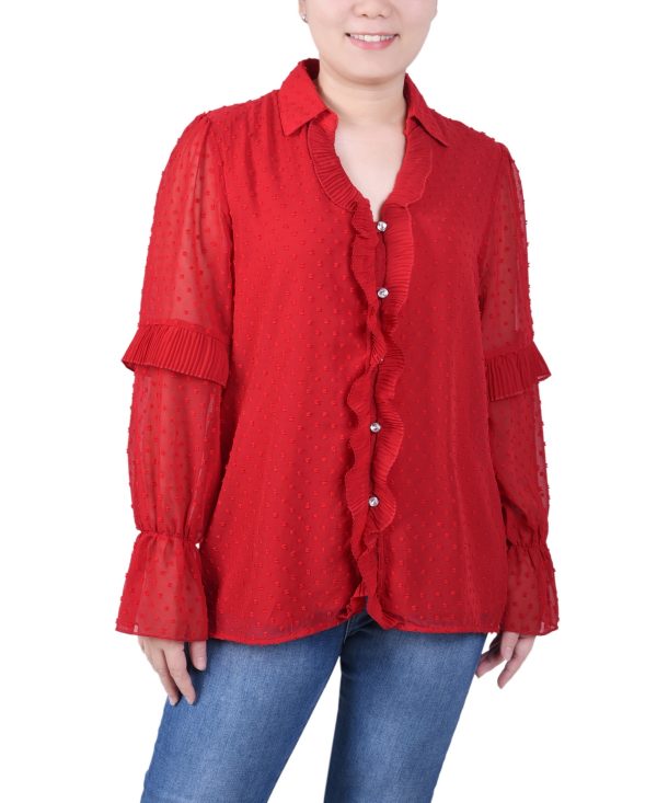 Ny Collection Petite Long Sleeve Dotted Chiffon Blouse - Red