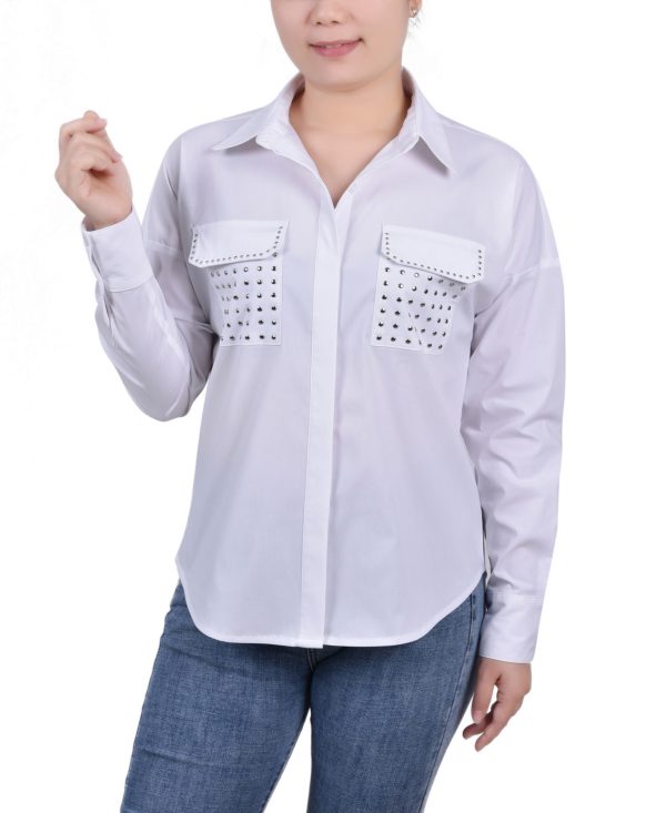 Ny Collection Petite Long Sleeve Hidden Placket Blouse with Studs - White