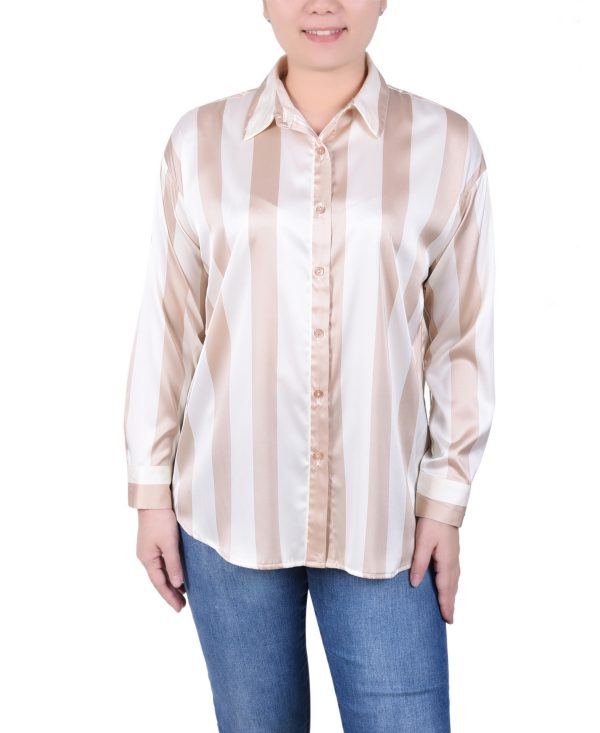 Ny Collection Petite Long Sleeve Striped Satin Blouse - Oxford Tan Eggnog