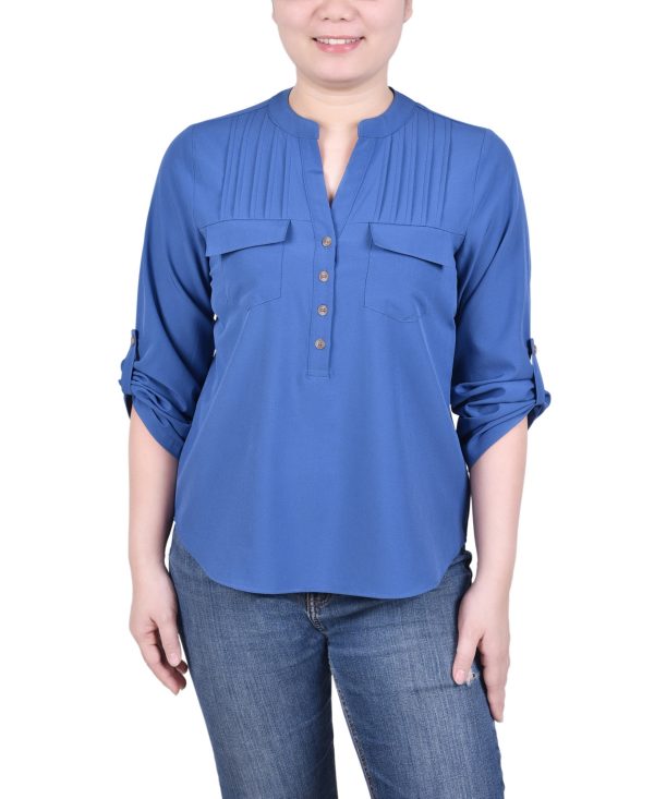 Ny Collection Petite Long Tab-Sleeve Blouse with Pockets - True Navy