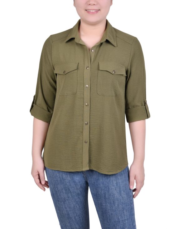 Ny Collection Petite Roll Tab Blouse - Burnt Olive