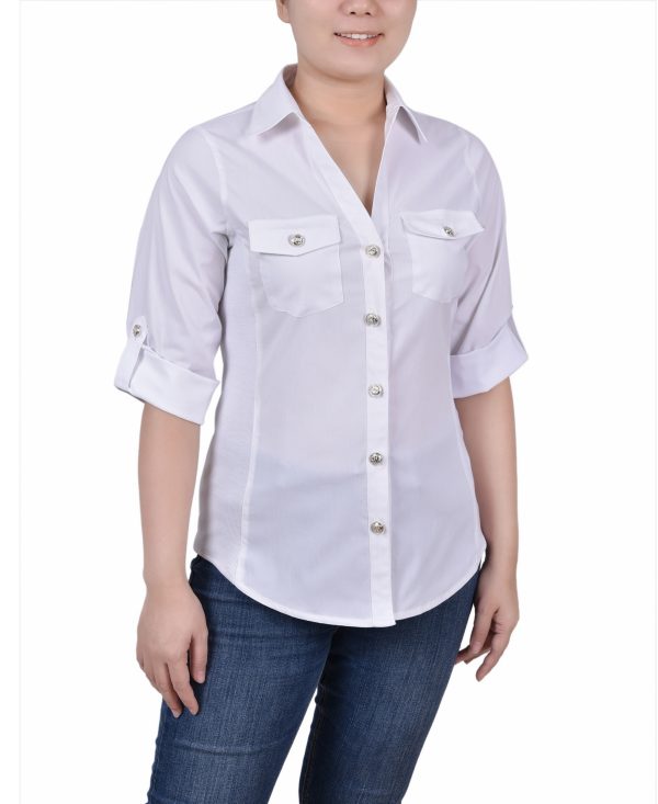Ny Collection Petite Roll Tab Blouse with Rib Insets - White