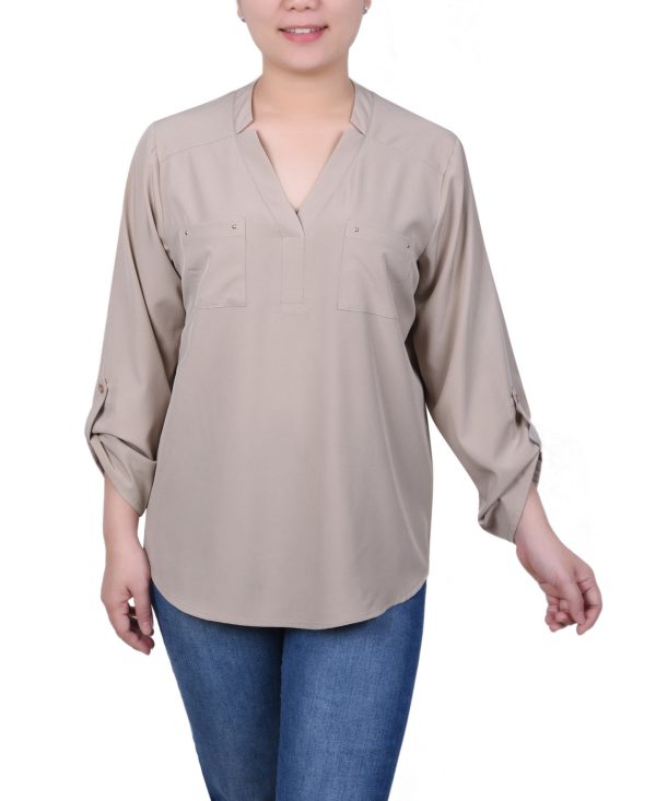 Ny Collection Petite Roll Tab Sleeve Blouse with Pockets - Oxford Tan