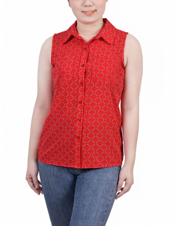 Ny Collection Petite Sleeveless Notch Collar Button Front Blouse - Red Diapearl