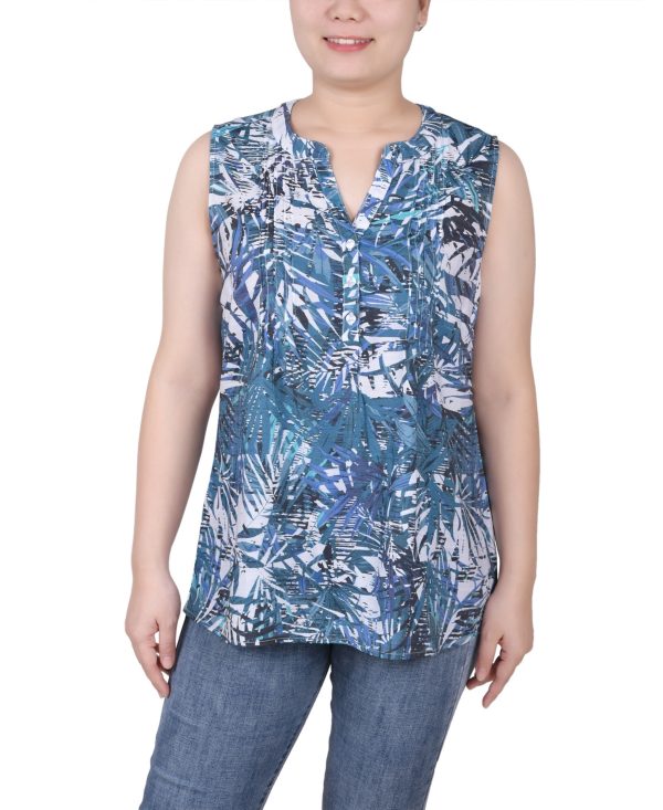 Ny Collection Petite Sleeveless Printed Pintucked Blouse - White Palmbract