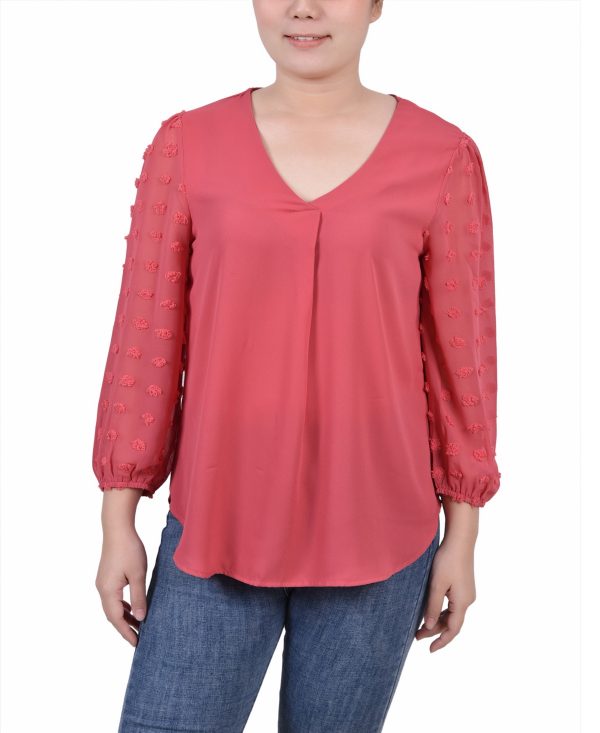 Ny Collection Petite V-neck Blouse with 3/4 Jacquard Chiffon Sleeves - Holly Berry