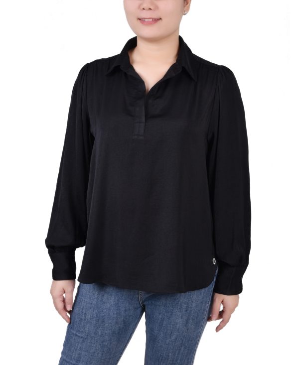 Ny Collection Women's Long Puff Sleeve Satin Blouse - Black