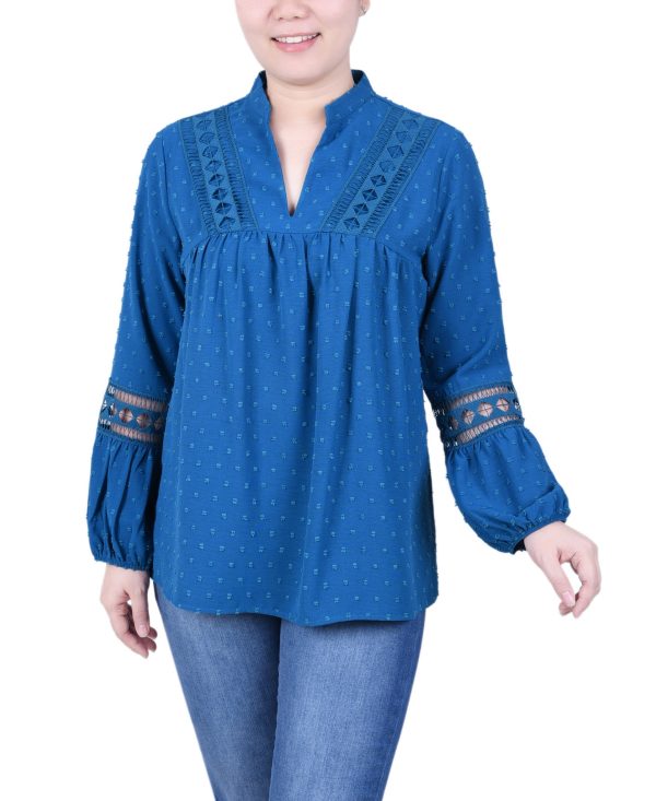 Ny Collection Women's Long Sleeve Blouse with Crochet Trim - Ink Blue