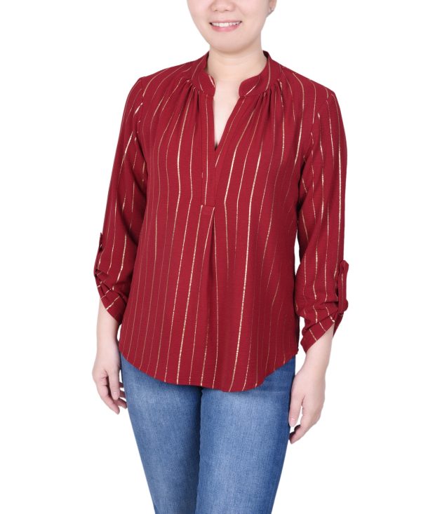 Ny Collection Women's Long Sleeve Foil Striped Blouse - Red