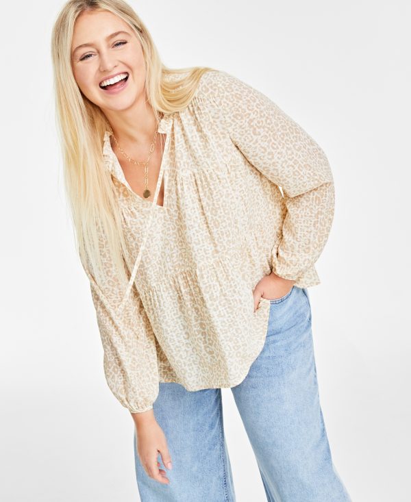 On 34th Women's Animal-Print Peasant Blouse, Created for Macy's - Alabaster Combo