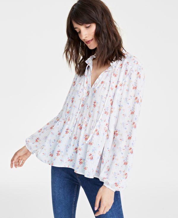 On 34th Women's Floral-Print Peasant Blouse, Created for Macy's - Washed White Combo