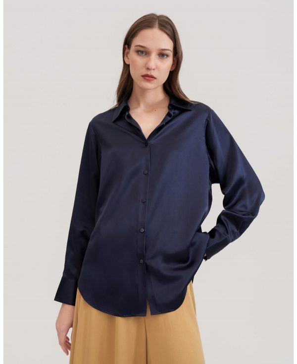 Oversize Style Silk Blouse for Women - Navy Blue