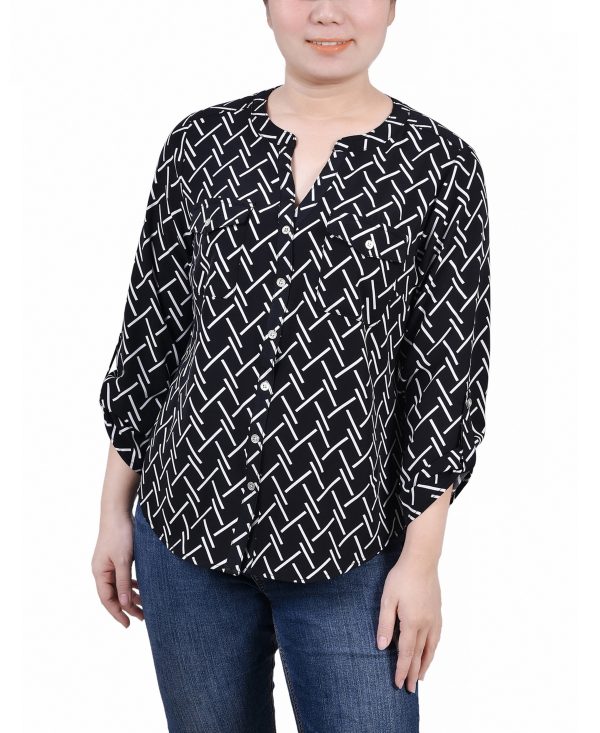 Petite 3/4 Sleeve Roll Tab Y Neck Blouse - Black White Line Abstract Line