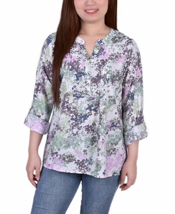 Petite Size 3/4 Roll Tab Sleeve Blouse Top - Tiedye Floral