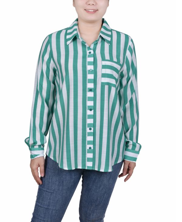 Petite Size Long Sleeve Striped Blouse Top - Emerald White
