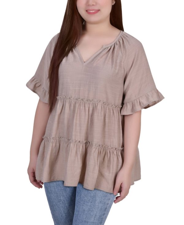Petite Size Short Sleeve Tiered Blouse - Doeskin