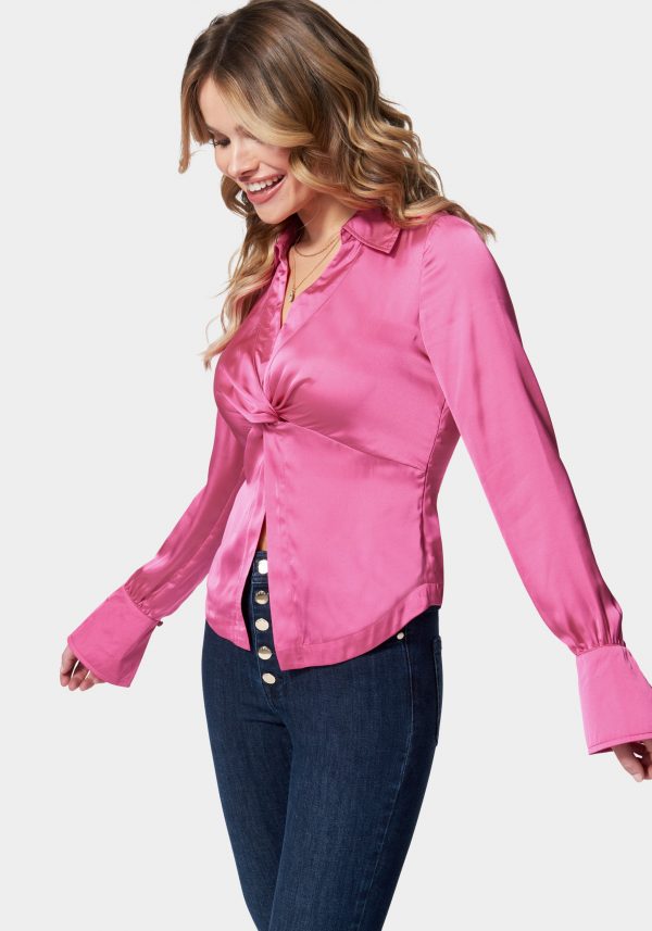 Satin Long Sleeve Knot Front Blouse