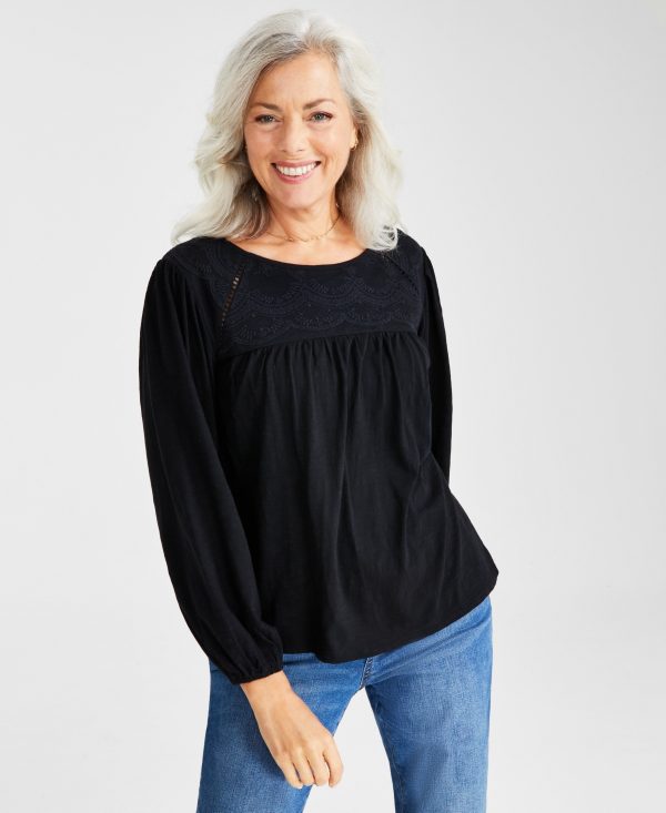 Style & Co Women's Lace Knit Cotton Blouse, Created for Macy's - Deep Black