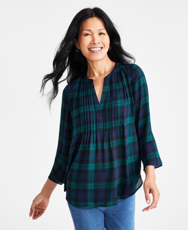 Style & Co Women's V-Neck Long-Sleeve Pintuck Blouse, Created for Macy's - Navy Green Plaid