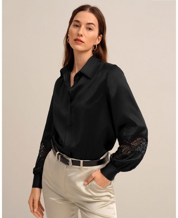 The Armeria Lace Silk Blouse for Women - Black