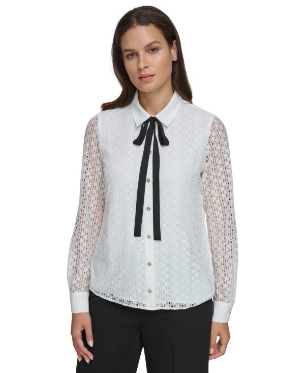 Tommy Hilfiger Women's Bow-Tied Eyelet Blouse - Ivory/Black