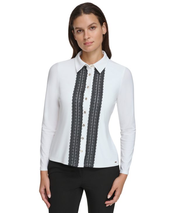 Tommy Hilfiger Women's Long-Sleeve Lace-Trimmed Blouse - Ivory/Black