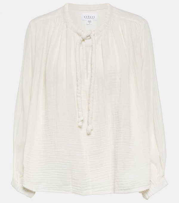 Velvet Tie-neck cotton blouse top