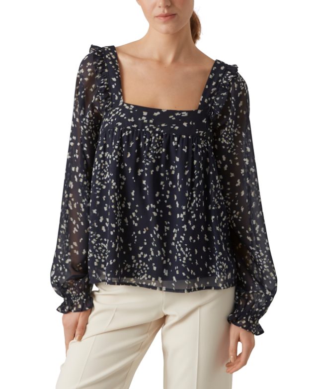 Vero Moda Women's Printed Ruffle Shoulder Blouse - Navy Scatter Dot Print