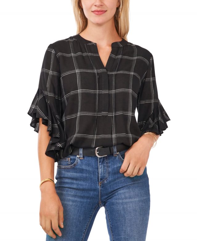 Vince Camuto Plaid Flutter-Sleeve Henley Blouse - Rich Black