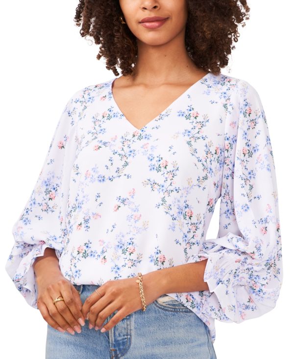 Vince Camuto Women's Floral Smocked Puffed Sleeve Blouse - Ultra White