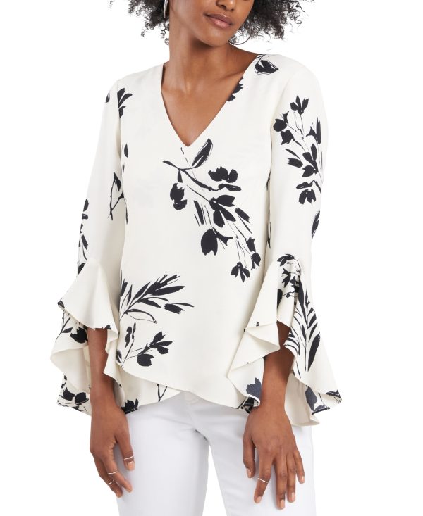 Vince Camuto Women's Floral Whisper Printed Flutter-Sleeve Blouse - New Ivory