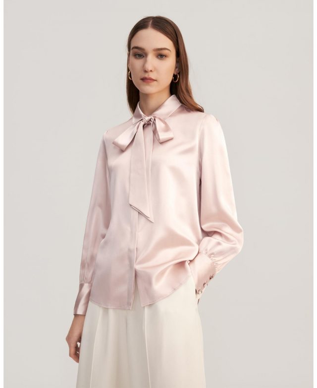 Vintage Bow Tie Silk Blouse for Women - Pale pink