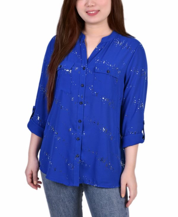 Women's 3/4 Sleeve Roll Tab Blouse Top with Metallic Details - Surf The Web Glowdot