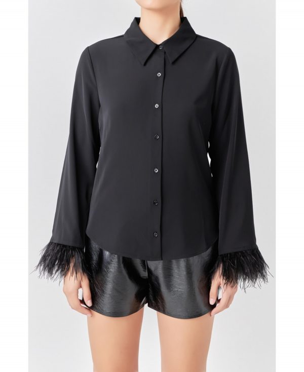 Women's Feather Trimmed Fitted Blouse Top - Black