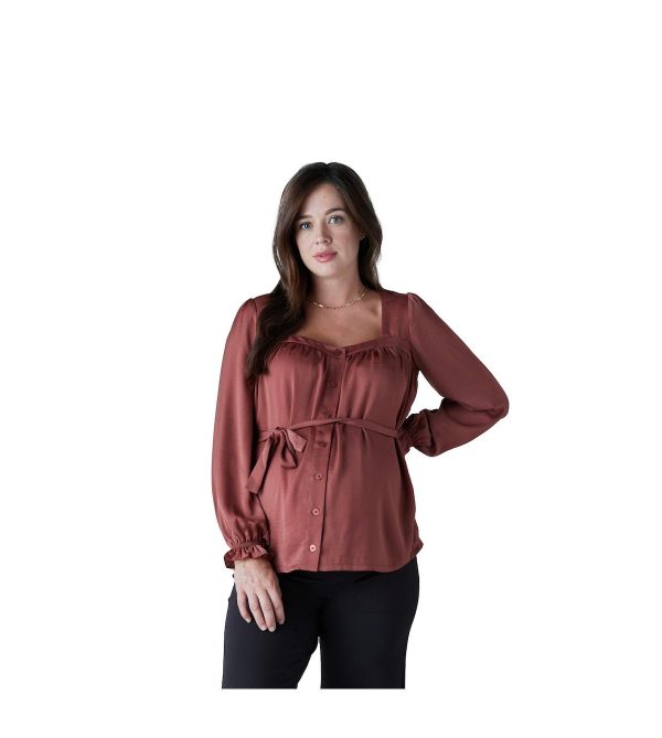 Women's Maternity Belted Button Front Blouse - Apple Butter