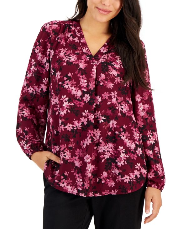 Ak Anne Klein Petite V-Neck Long-Sleeve Pleated Blouse - Chianti Water Color Floral