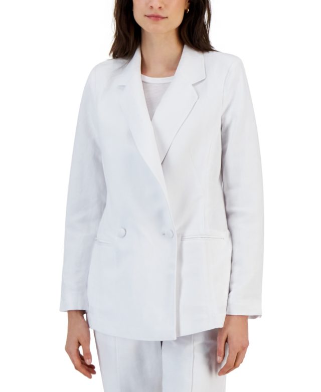 Alfani Women's Double-Breasted Linen-Blend Blazer, Created for Macy's - Bright White
