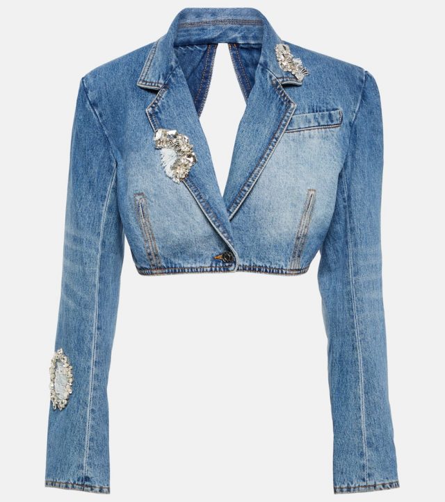 Area Crystal-embellished cropped denim blazer