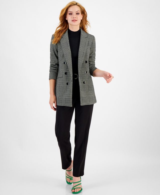Bar Iii Women's Houndstooth Double-Breasted Boyfriend Blazer, Created for Macy's - Blanc/Black