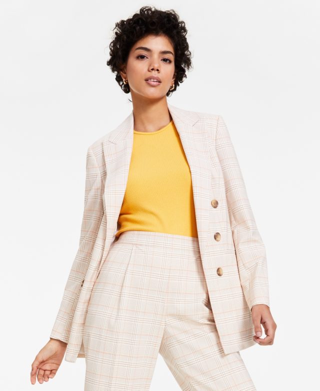 Bar Iii Women's Plaid Faux Double-Breasted Blazer, Created for Macy's - Flax Multi