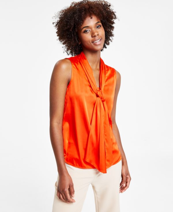 Bar Iii Women's Tie-Neck Sleeveless Satin Blouse, Created for Macy's - Spice Orange