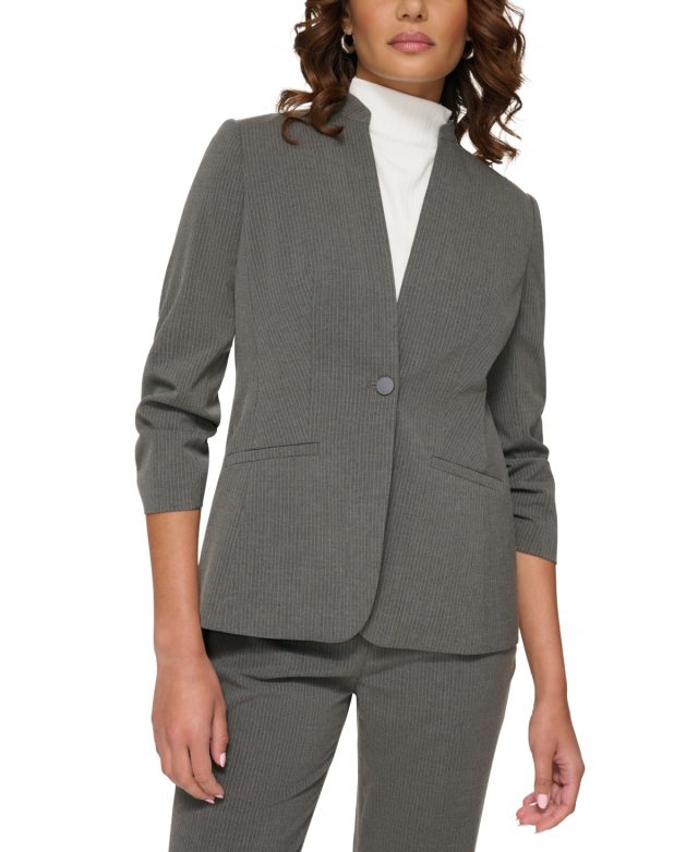 Calvin Klein Petite Collarless Pinstripe Blazer - Charcoal/Cream
