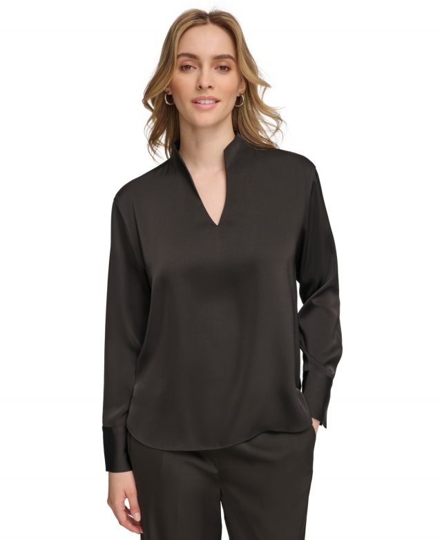 Calvin Klein Women's Long Sleeve V-Neck Blouse - Black
