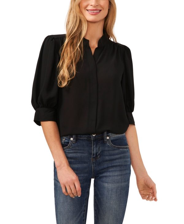 CeCe Women's Elbow Sleeve Collared Button Down Blouse - Rich Black