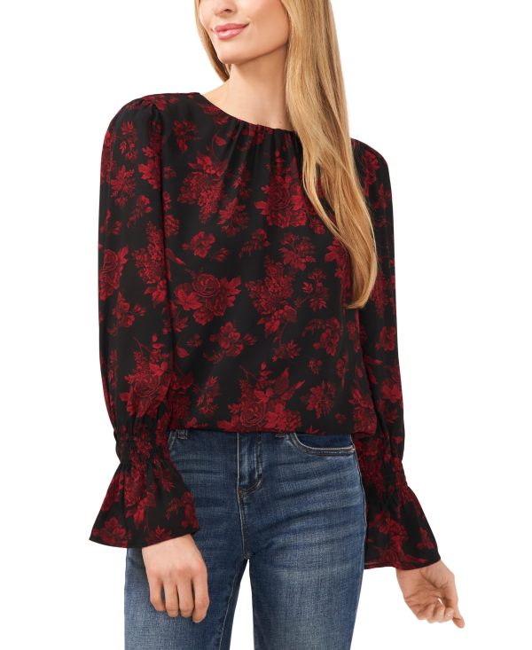 CeCe Women's Floral Print Crew Neck Long Sleeve Smocked Cuff Blouse - Rich Black