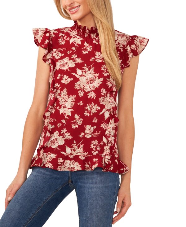 CeCe Women's Floral Print Mock Neck Ruffle Trim Short Sleeve Blouse - Mulberry Red