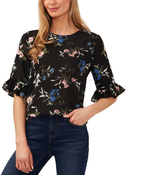 CeCe Women's Floral-Printed Elbow-Sleeve Ruffled Blouse - Rich Black